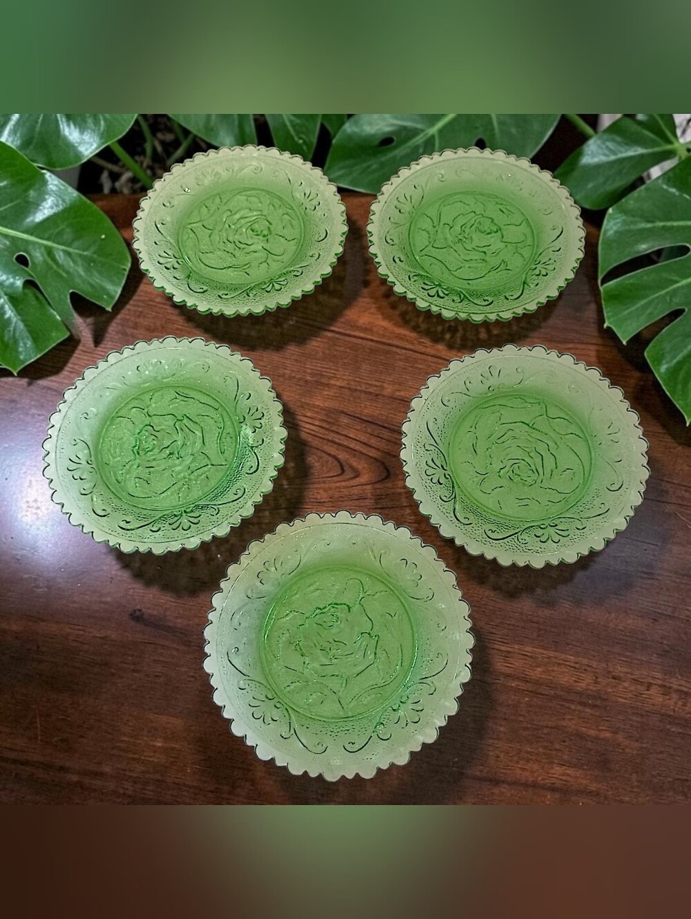 5 Vtg Cup Plates Coasters Green Depression Glass Rose Pattern Scalloped Edge